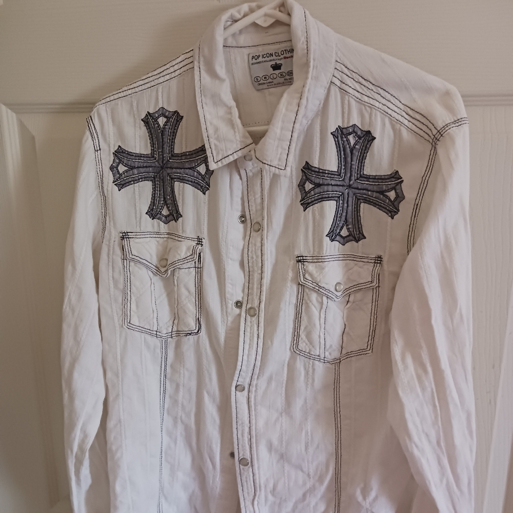 POP ICON CLOTHING White Dress Shirt with Black Cross Design